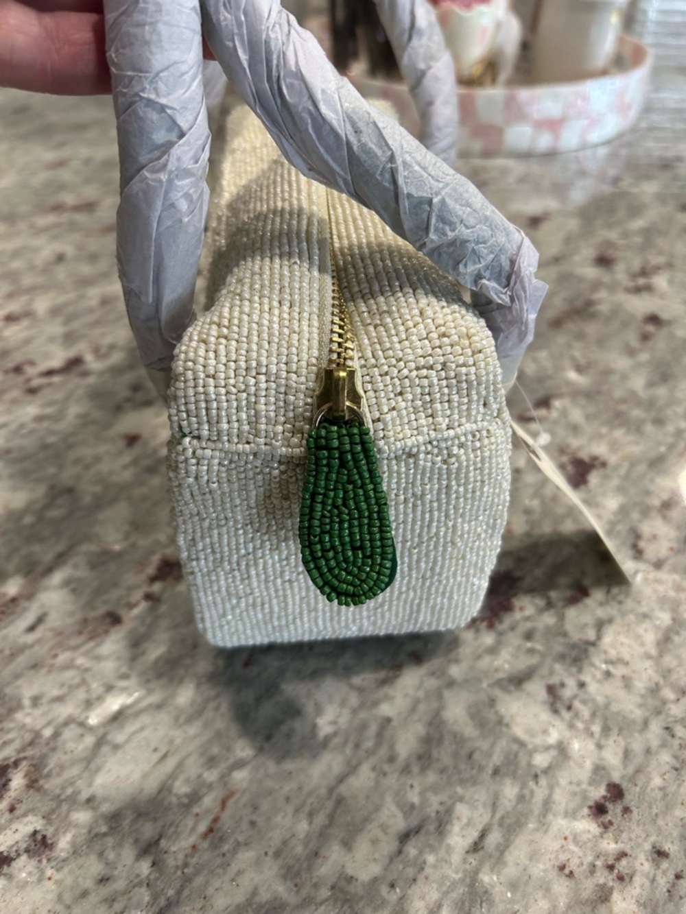 Anthropologie Beaded Cream Tote with Green Handles and Pink Accent - Picture 11 of 12